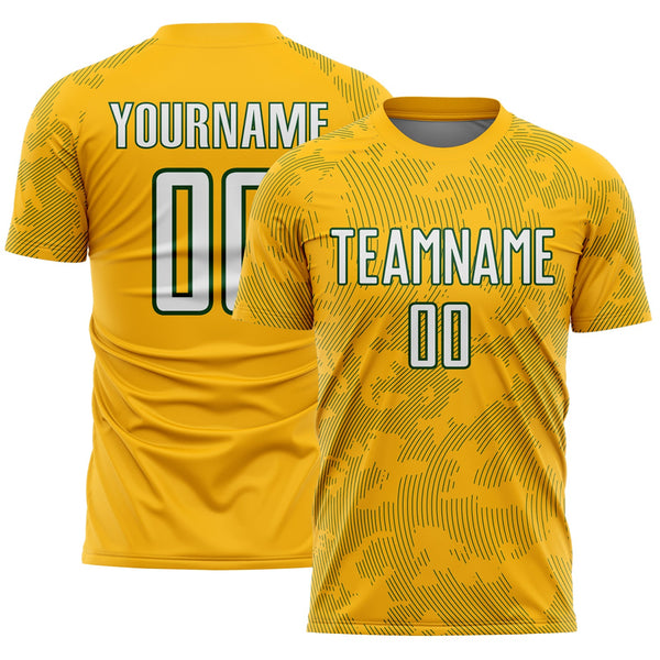 Custom Gold White-Green Curve Lines Sublimation Soccer Uniform Jersey
