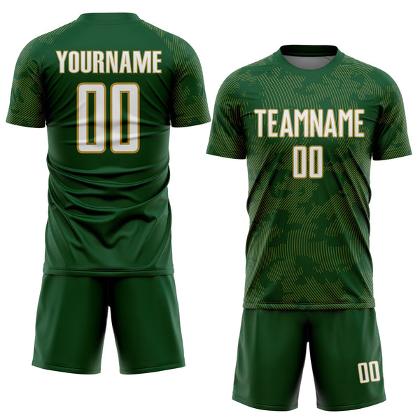 Custom Green White-Old Gold Curve Lines Sublimation Soccer Uniform Jersey alternate
