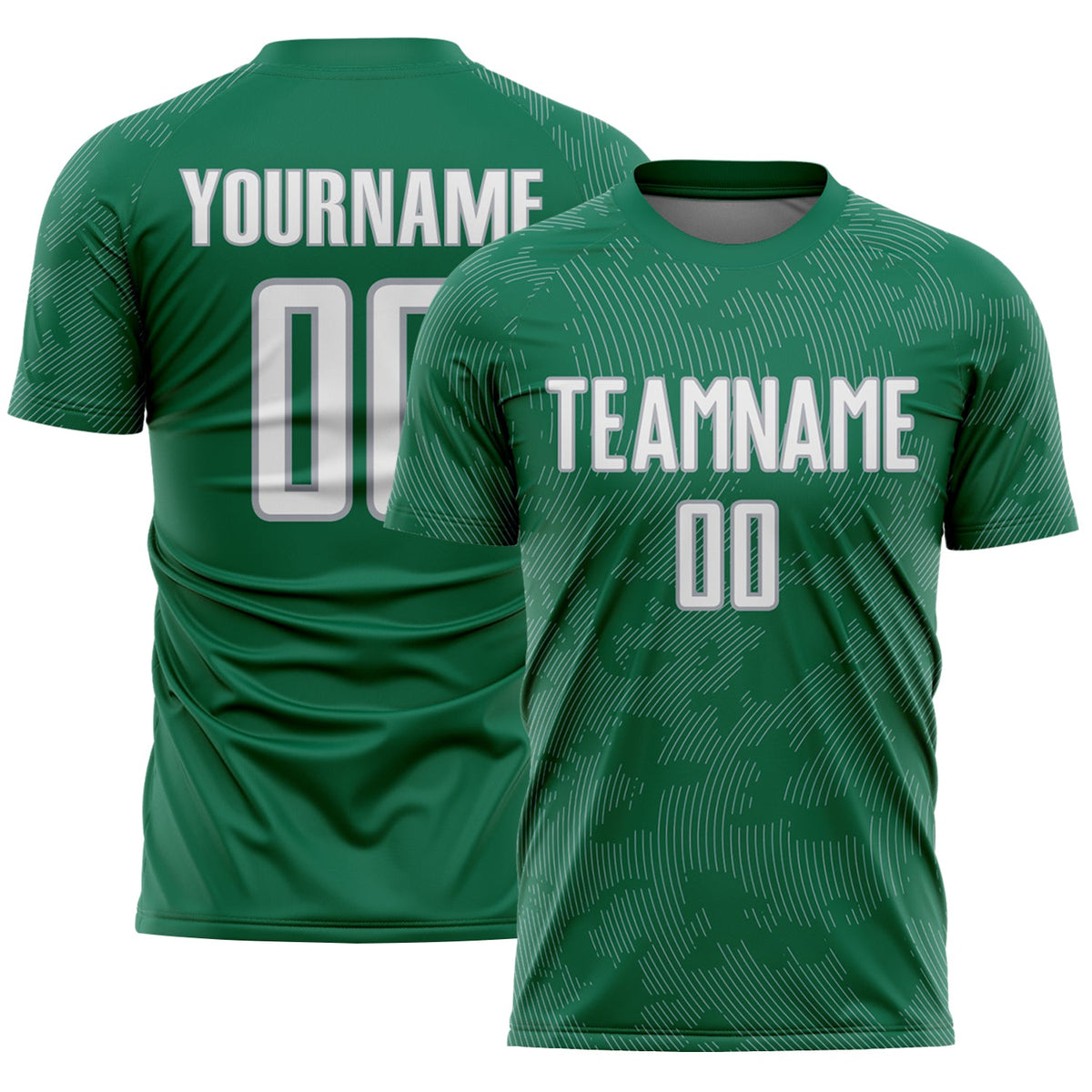 Custom Kelly Green White-Gray Curve Lines Sublimation Soccer Uniform Jersey