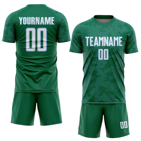 Custom Kelly Green White-Light Blue Curve Lines Sublimation Soccer Uniform Jersey alternate