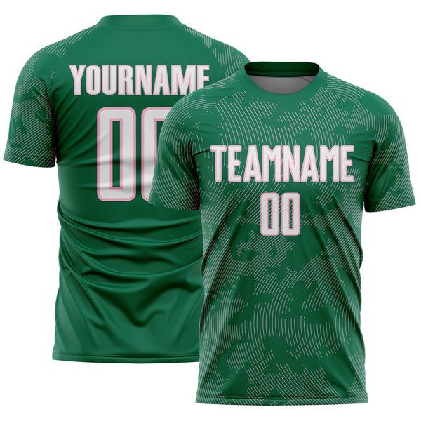 Custom Kelly Green White-Light Pink Curve Lines Sublimation Soccer Uniform Jersey