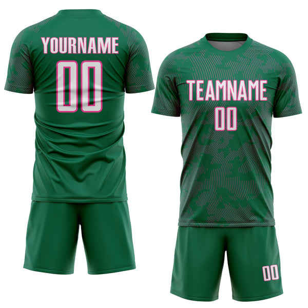 Custom Kelly Green White-Pink Curve Lines Sublimation Soccer Uniform Jersey alternate