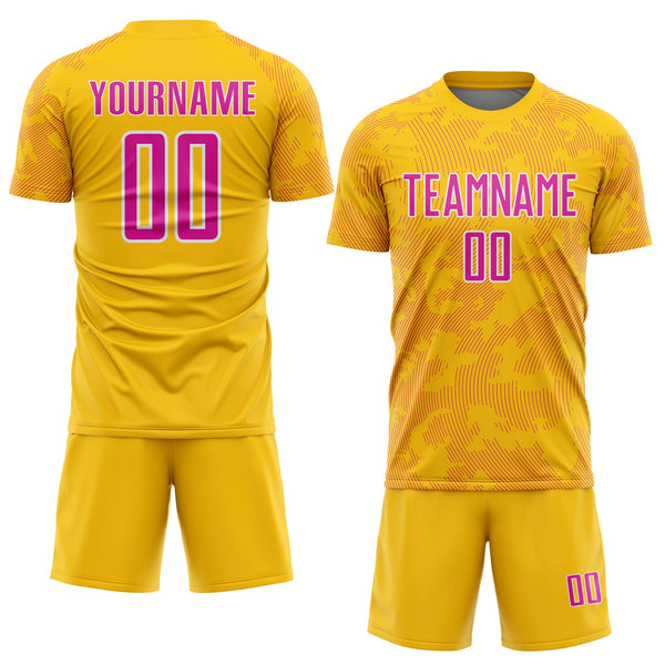 Custom Yellow Deep Pink-White Curve Lines Sublimation Soccer Uniform Jersey alternate