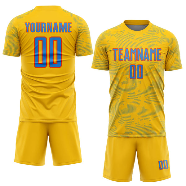 Custom Yellow Powder Blue-Orange Curve Lines Sublimation Soccer Uniform Jersey alternate