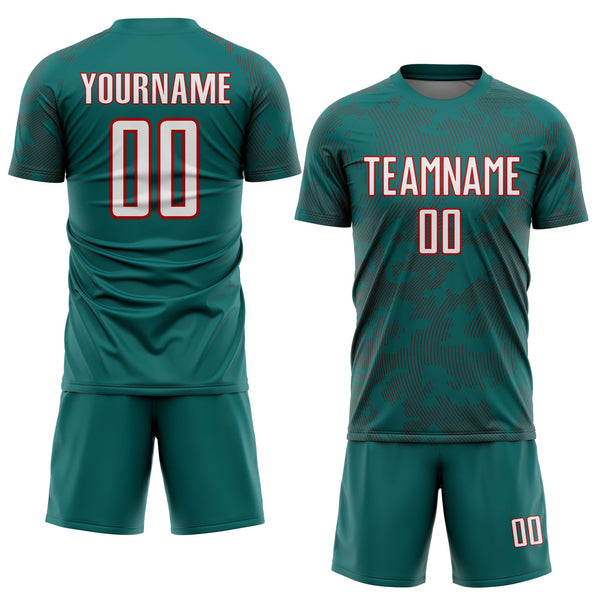 Custom Teal White-Red Curve Lines Sublimation Soccer Uniform Jersey alternate
