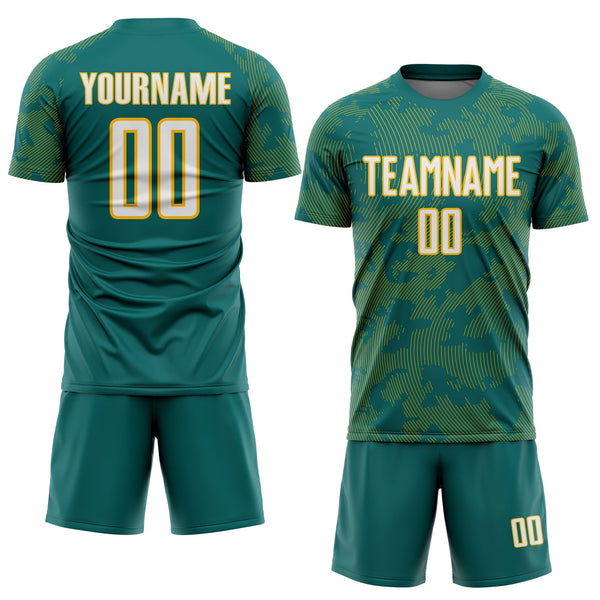Custom Teal White-Gold Curve Lines Sublimation Soccer Uniform Jersey alternate