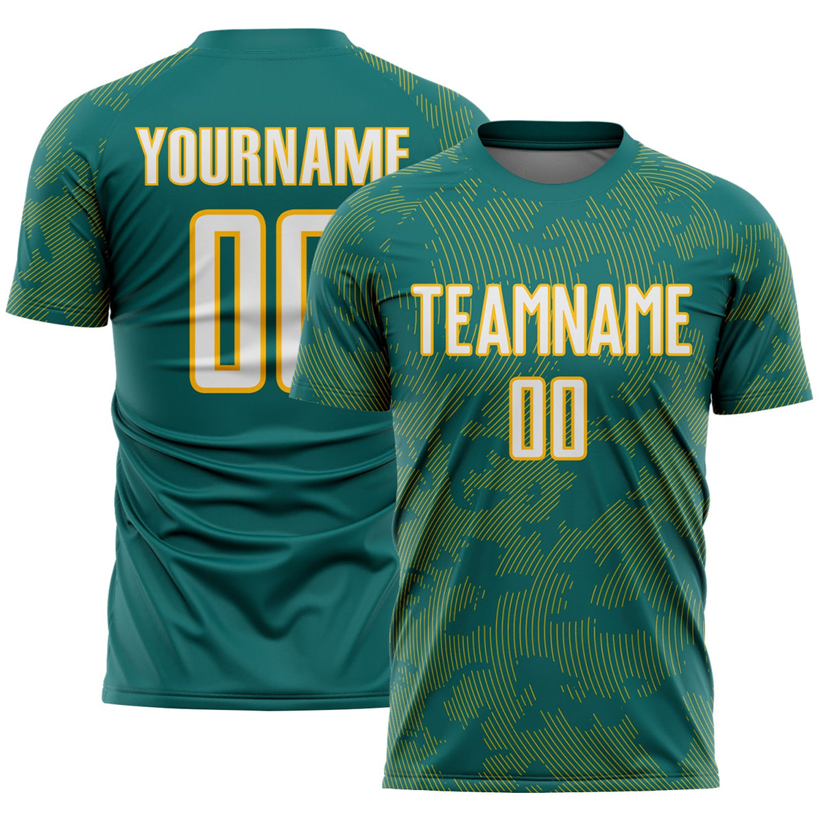 Custom Teal White-Gold Curve Lines Sublimation Soccer Uniform Jersey