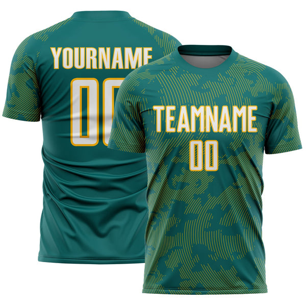 Custom Teal White-Gold Curve Lines Sublimation Soccer Uniform Jersey