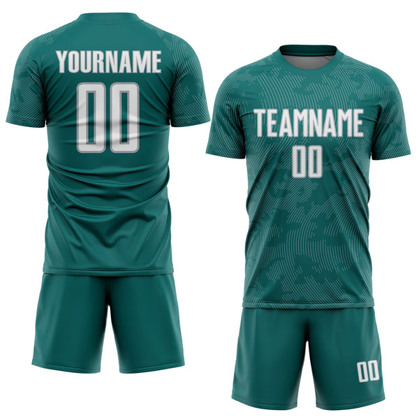 Custom Teal White-Gray Curve Lines Sublimation Soccer Uniform Jersey alternate