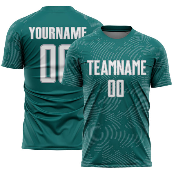 Custom Teal White-Gray Curve Lines Sublimation Soccer Uniform Jersey