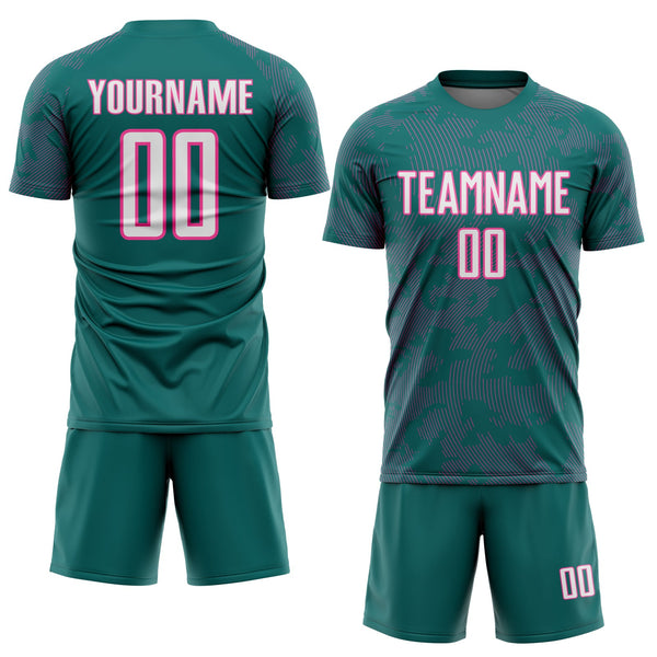 Custom Teal White-Pink Curve Lines Sublimation Soccer Uniform Jersey alternate