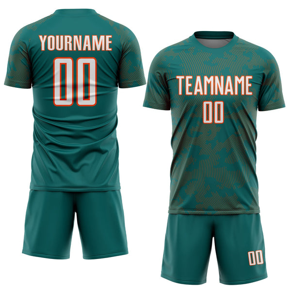 Custom Teal White-Orange Curve Lines Sublimation Soccer Uniform Jersey alternate