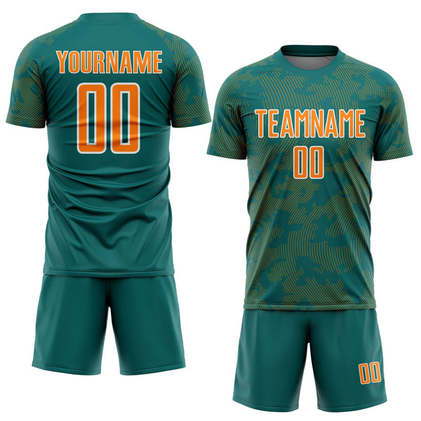 Custom Teal Bay Orange-White Curve Lines Sublimation Soccer Uniform Jersey alternate