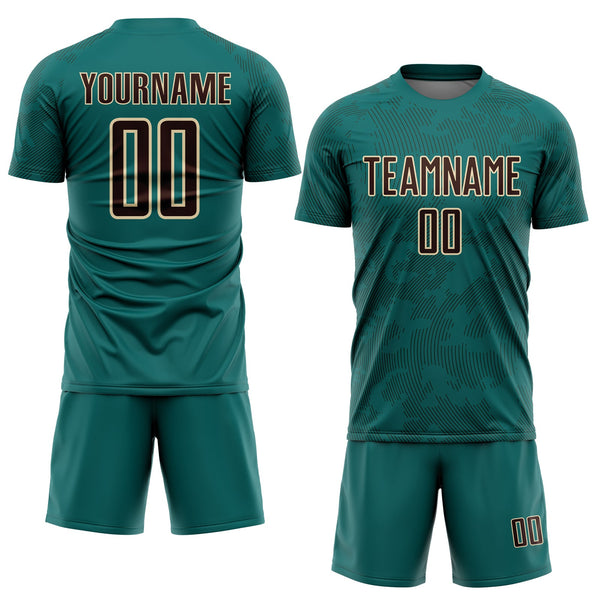 Custom Teal Brown-Cream Curve Lines Sublimation Soccer Uniform Jersey alternate