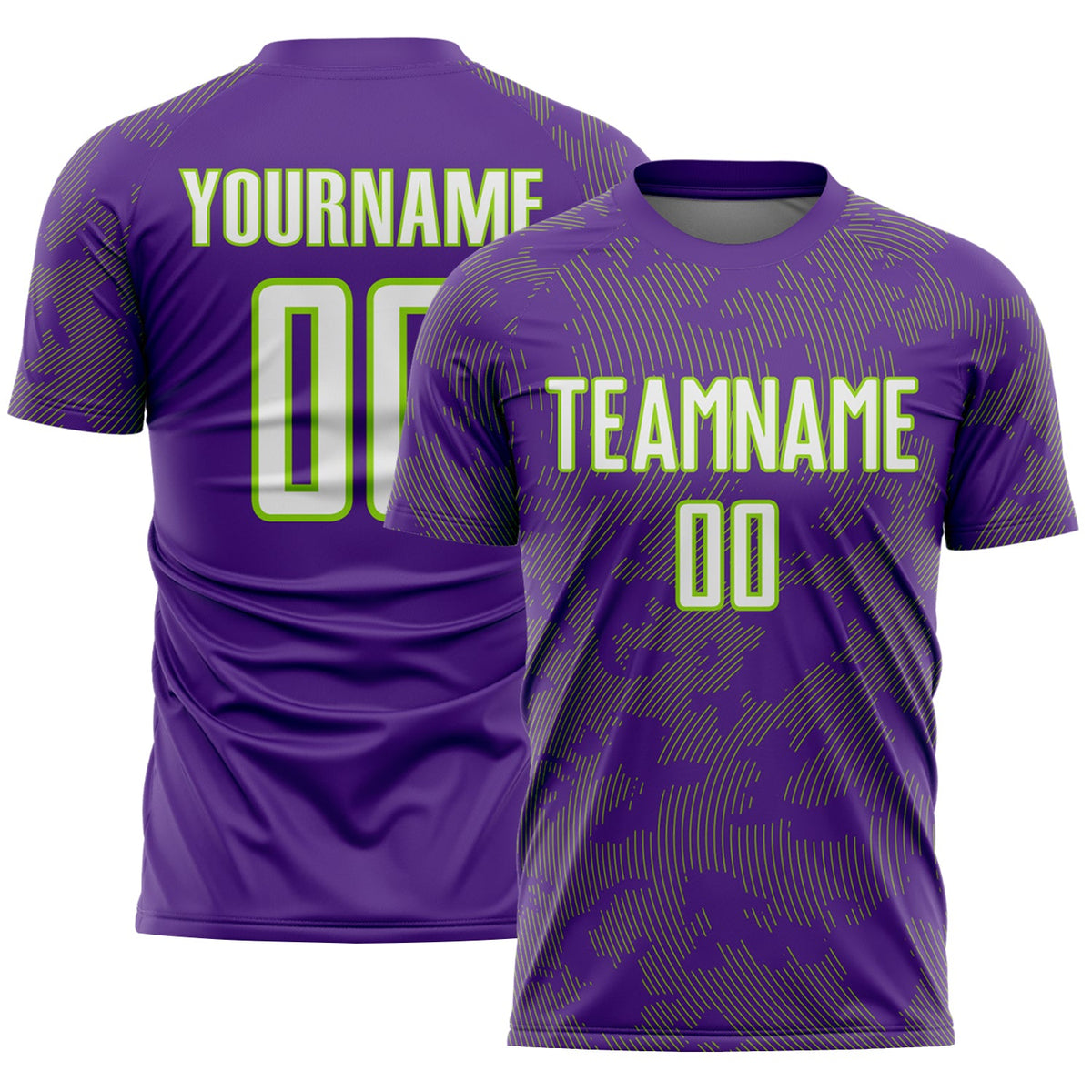 Custom Purple White-Neon Green Curve Lines Sublimation Soccer Uniform Jersey
