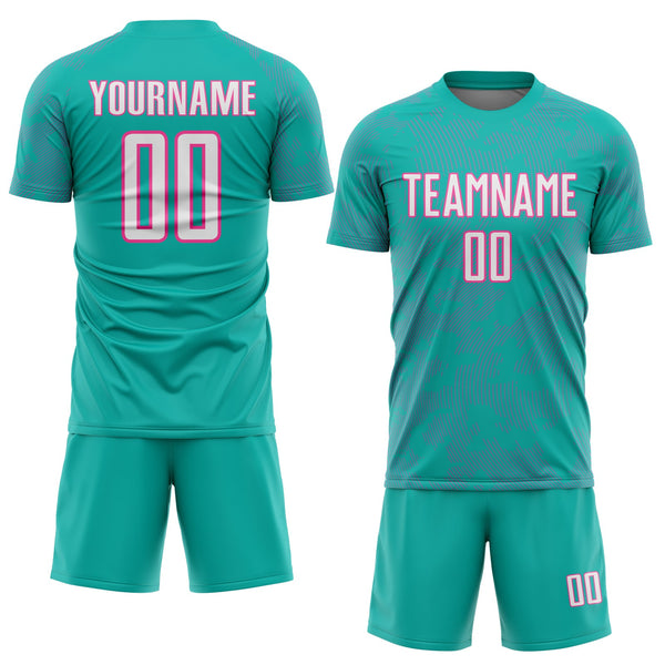 Custom Aqua White-Pink Curve Lines Sublimation Soccer Uniform Jersey alternate