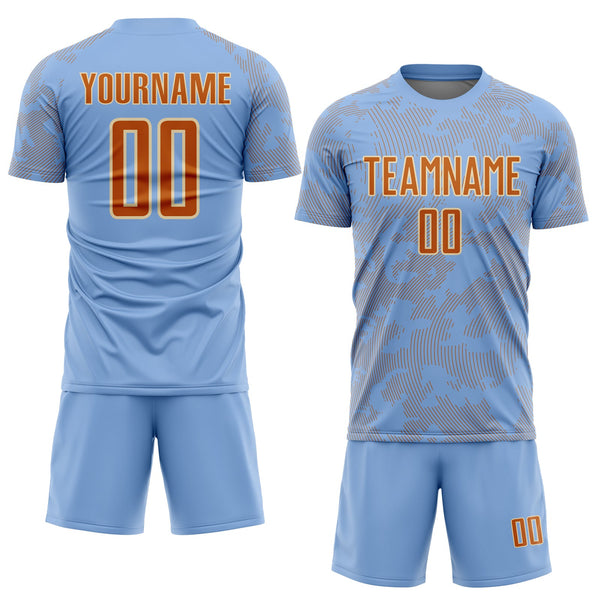 Custom Light Blue Texas Orange-Cream Curve Lines Sublimation Soccer Uniform Jersey alternate