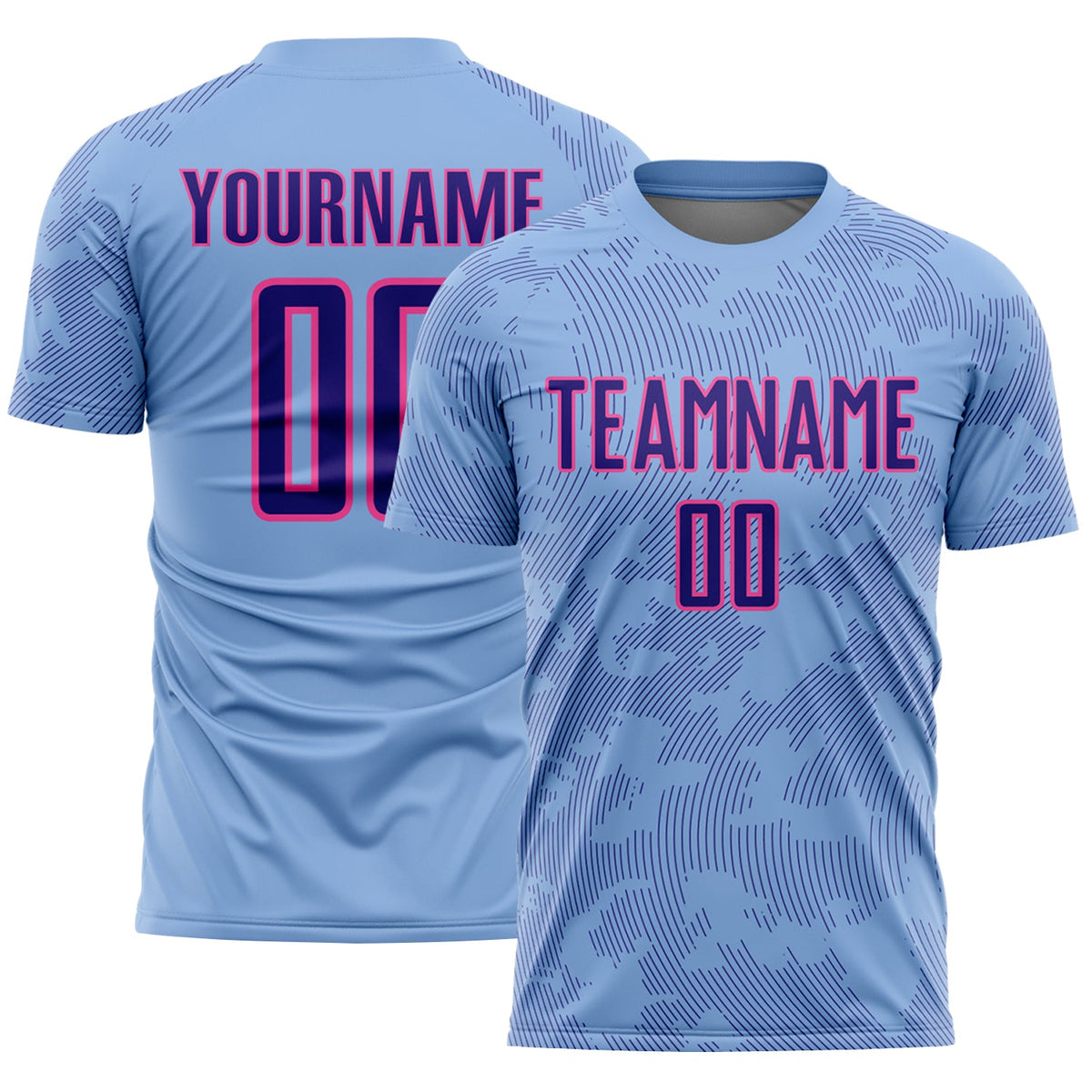 Custom Light Blue Dark Purple-Pink Curve Lines Sublimation Soccer Uniform Jersey