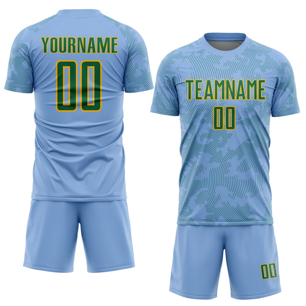 Custom Light Blue Kelly Green-Gold Curve Lines Sublimation Soccer Uniform Jersey alternate