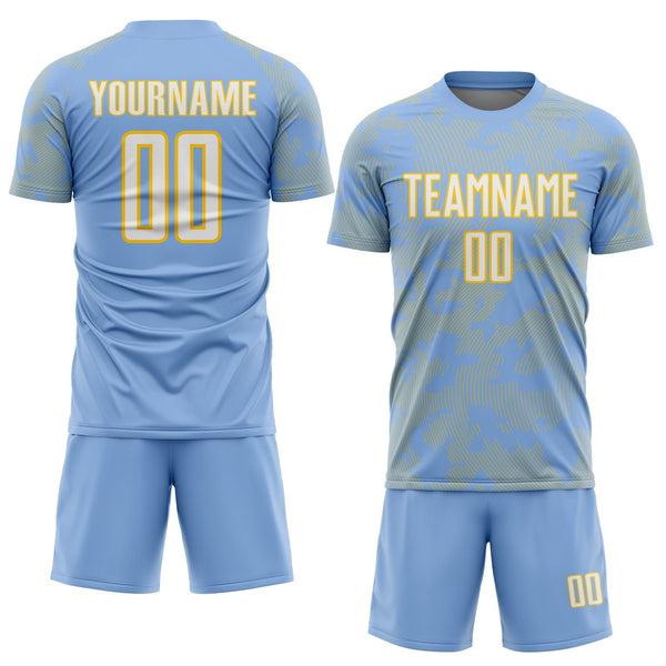 Custom Light Blue White-Yellow Curve Lines Sublimation Soccer Uniform Jersey alternate