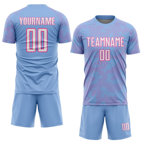 Custom Light Blue White-Pink Curve Lines Sublimation Soccer Uniform Jersey alternate