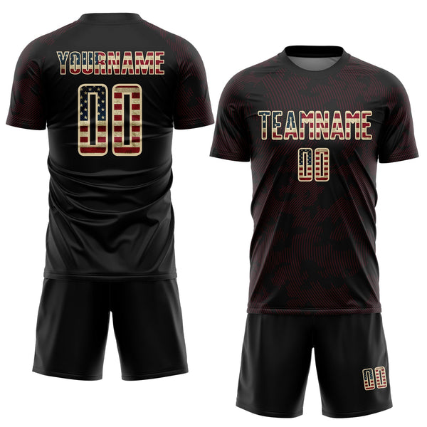 Custom Black Vintage USA Flag Crimson-Cream Curve Lines Sublimation Soccer Uniform Jersey alternate