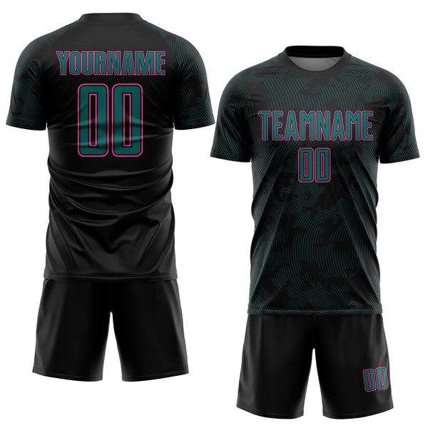 Custom Black Pink-Teal Curve Lines Sublimation Soccer Uniform Jersey alternate