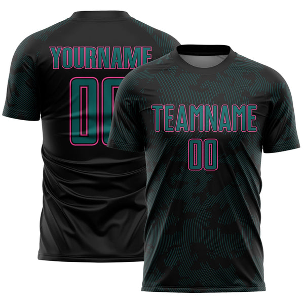 Custom Black Pink-Teal Curve Lines Sublimation Soccer Uniform Jersey