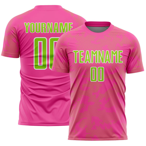 Custom Pink Neon Green-White Curve Lines Sublimation Soccer Uniform Jersey