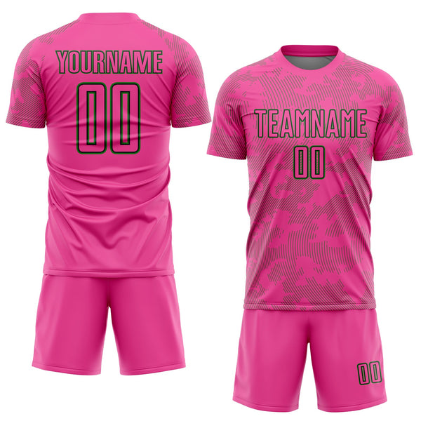 Custom Pink Grass Green-Black Curve Lines Sublimation Soccer Uniform Jersey alternate