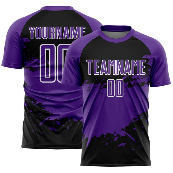 Custom Purple Black-White Splash Color Block Sublimation Soccer Uniform Jersey