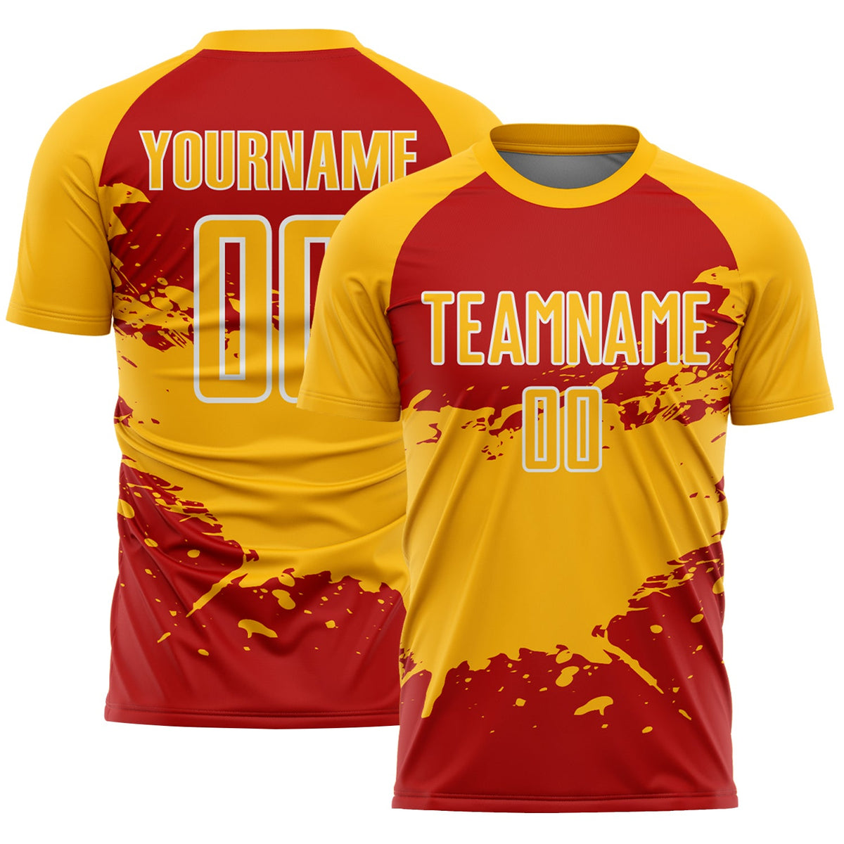 Custom Gold Red-White Splash Color Block Sublimation Soccer Uniform Jersey
