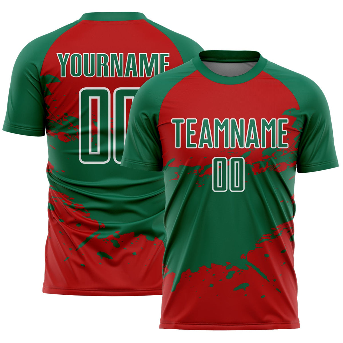 Custom Kelly Green Red-White Splash Color Block Sublimation Soccer Uniform Jersey