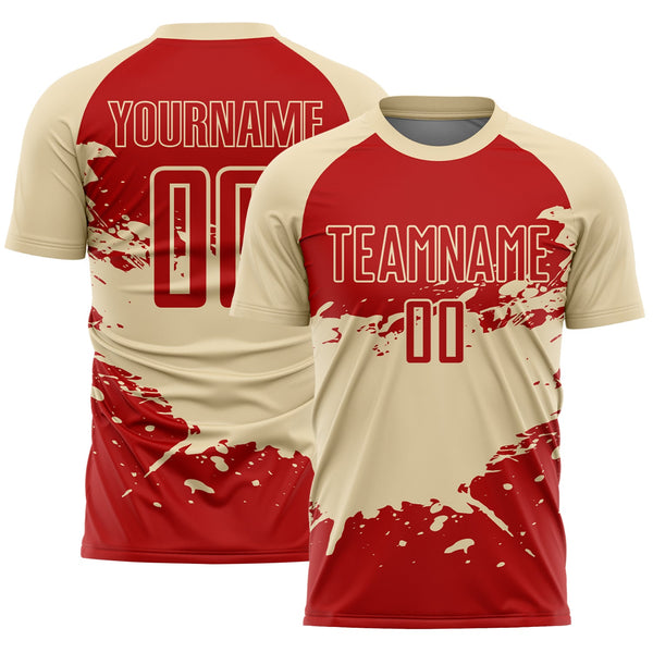 Custom Cream-Red Splash Color Block Sublimation Soccer Uniform Jersey