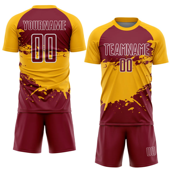 Custom Gold Crimson-White Splash Color Block Sublimation Soccer Uniform Jersey alternate