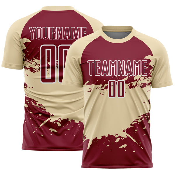 Custom Cream Crimson-White Splash Color Block Sublimation Soccer Uniform Jersey