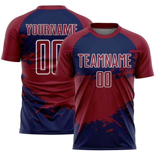 Custom Crimson Navy-White Splash Color Block Sublimation Soccer Uniform Jersey