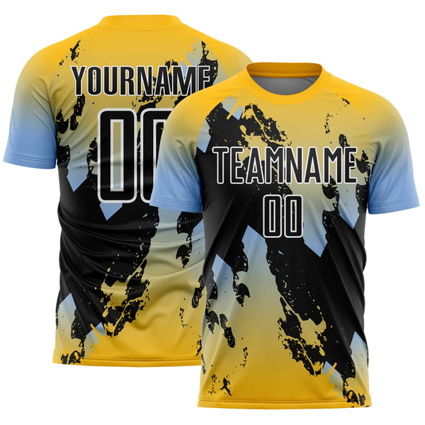 Custom Gold Black Light Blue-White Gradient Splash Sublimation Soccer Uniform Jersey