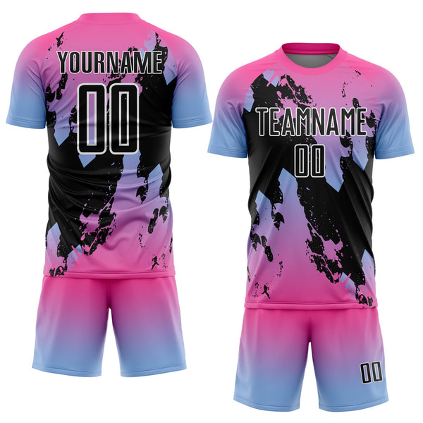 Custom Pink Black Light Blue-White Gradient Splash Sublimation Soccer Uniform Jersey alternate