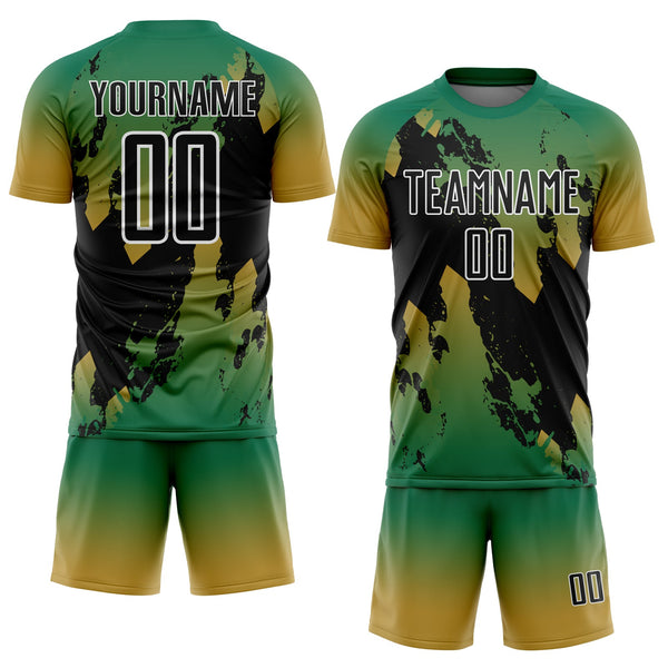 Custom Kelly Green Black Old Gold-White Gradient Splash Sublimation Soccer Uniform Jersey alternate