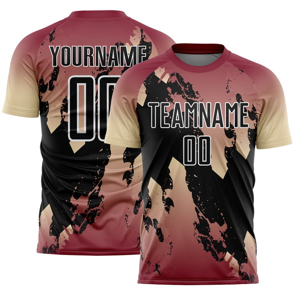 Custom Crimson Black Cream-White Gradient Splash Sublimation Soccer Uniform Jersey