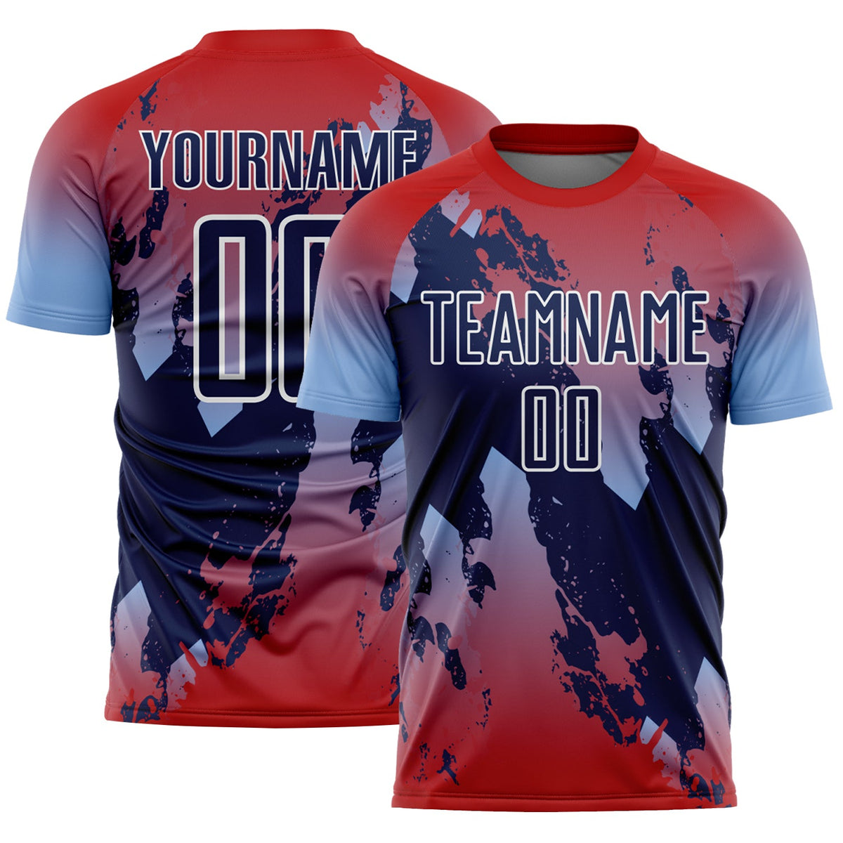 Custom Red Navy Light Blue-White Gradient Splash Sublimation Soccer Uniform Jersey