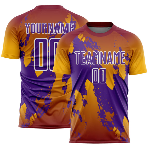 Custom Crimson Purple Gold-White Gradient Splash Sublimation Soccer Uniform Jersey