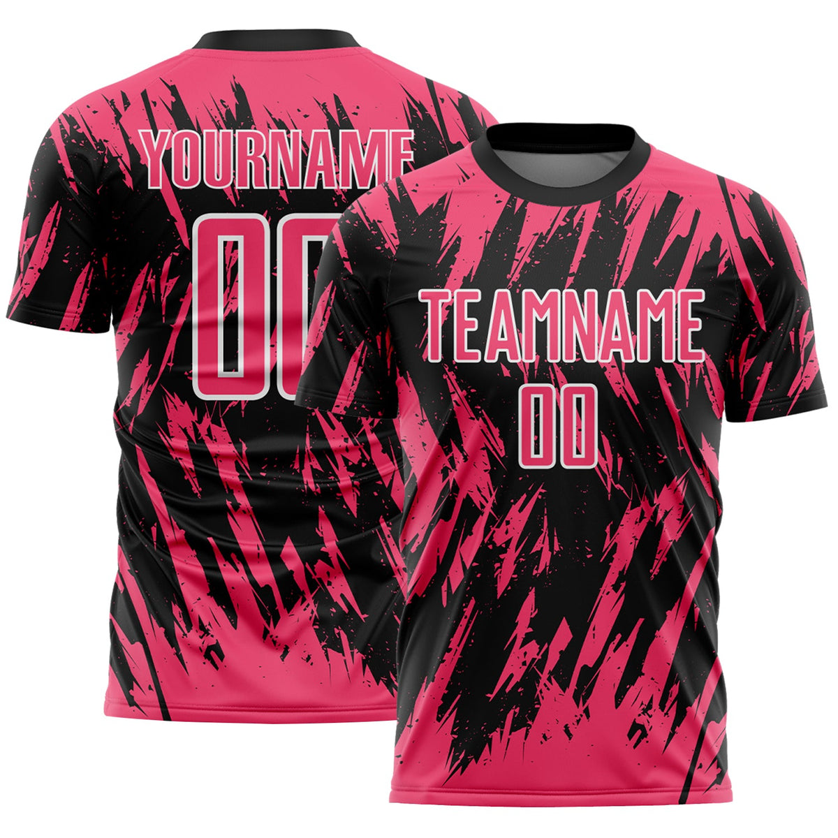 Custom Black Neon Pink-White Splatter Torn Sharp Brush Stroke Sublimation Soccer Uniform Jersey