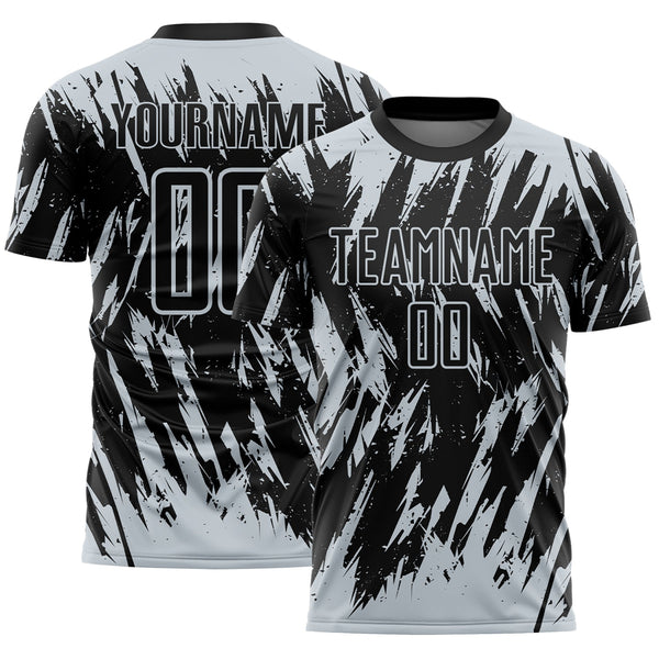 Custom Black-Silver Splatter Torn Sharp Brush Stroke Sublimation Soccer Uniform Jersey