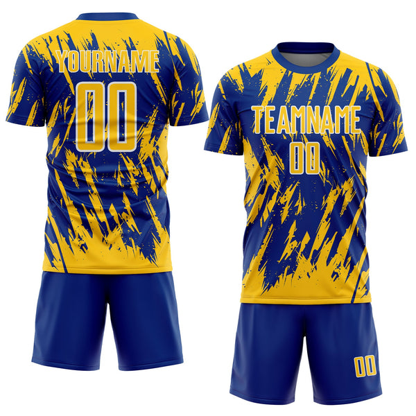 Custom Royal Yellow-White Splatter Torn Sharp Brush Stroke Sublimation Soccer Uniform Jersey alternate