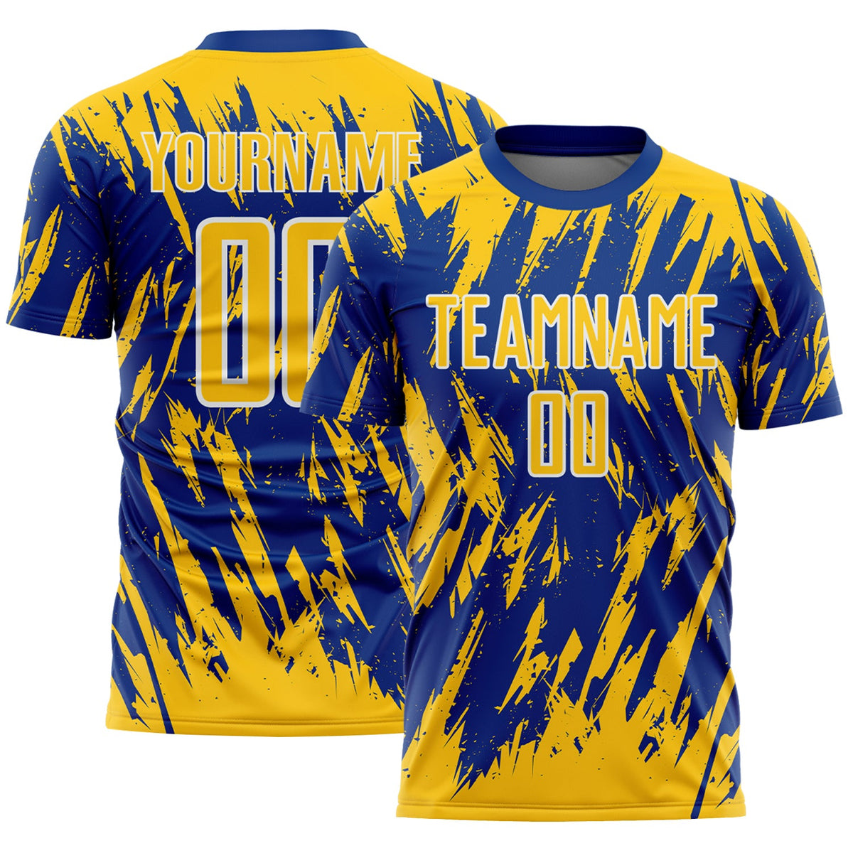 Custom Royal Yellow-White Splatter Torn Sharp Brush Stroke Sublimation Soccer Uniform Jersey