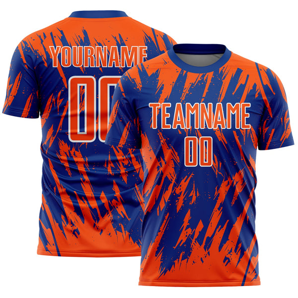 Custom Royal Orange-White Splatter Torn Sharp Brush Stroke Sublimation Soccer Uniform Jersey