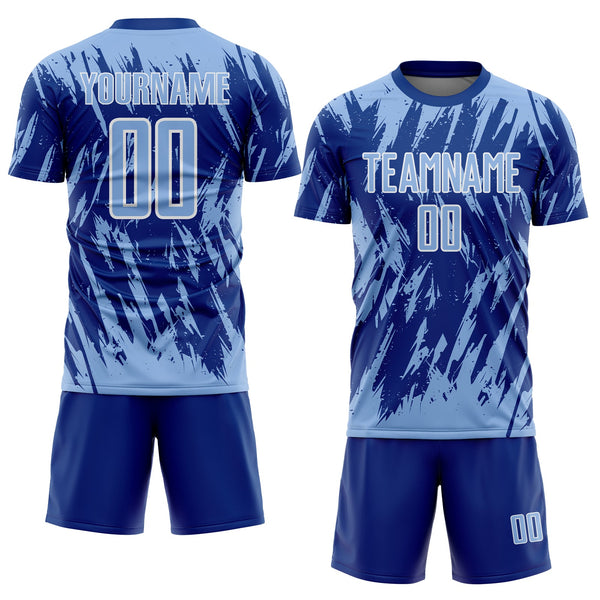 Custom Royal Light Blue-White Splatter Torn Sharp Brush Stroke Sublimation Soccer Uniform Jersey alternate