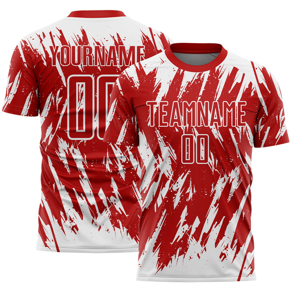 Custom Red-White Splatter Torn Sharp Brush Stroke Sublimation Soccer Uniform Jersey